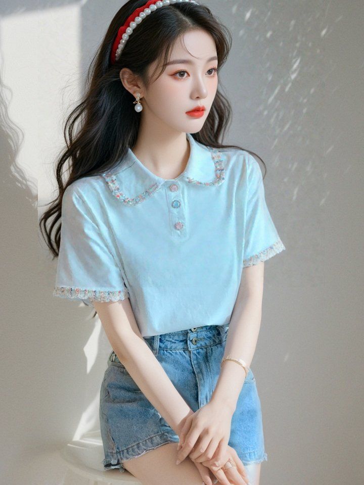봄 여름 여성 스트레이트핏 플라워자수 카라 반팔 티셔츠 데일리룩 스카이블루 - 상세 이미지 3