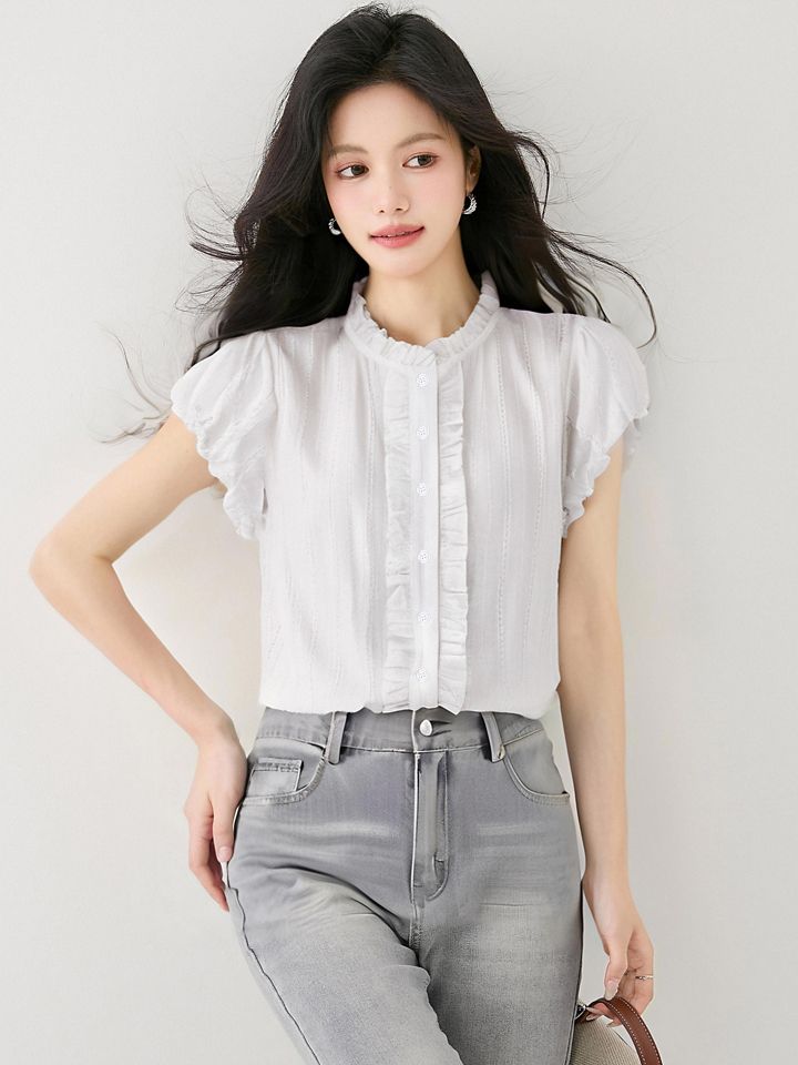 여성 여름 프릴 카라넥 스트라이프 민소매 블라우스 단추 여밈 슬림핏 데이트룩 아이보리 - 상세 이미지 2
