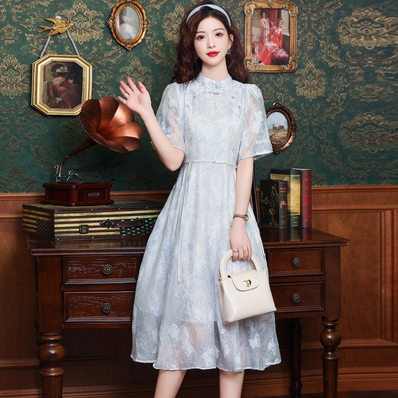 봄 여름 여성 A라인 매듭단추 플라워 프린트 스트링 시스루소매 롱원피스 스카이블루 - 상세 이미지 2
