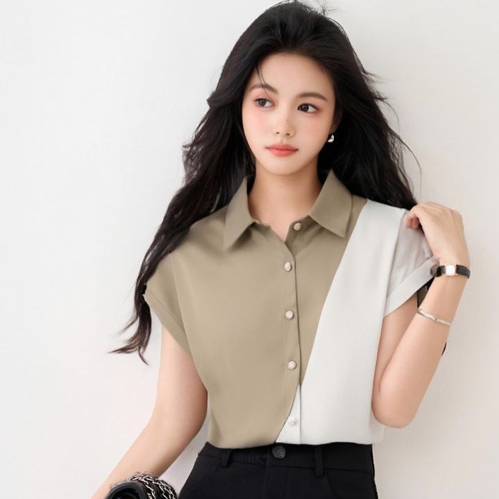 봄 여름 여성 루즈핏 사선배색 폴로카라 반팔 셔츠 블라우스 시원한 데일리룩 - 상세 이미지 2