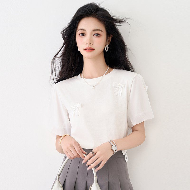 봄 여름 여성 스트레이트핏 라운드넥 리본아플리케 시스루 퍼프소매 반팔티셔츠 데일리 화이트 - 상세 이미지 2