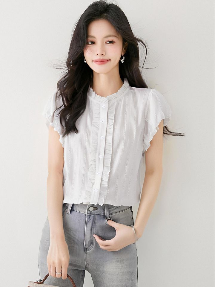 여성 여름 프릴 카라넥 스트라이프 민소매 블라우스 단추 여밈 슬림핏 데이트룩 아이보리 - 상세 이미지 3