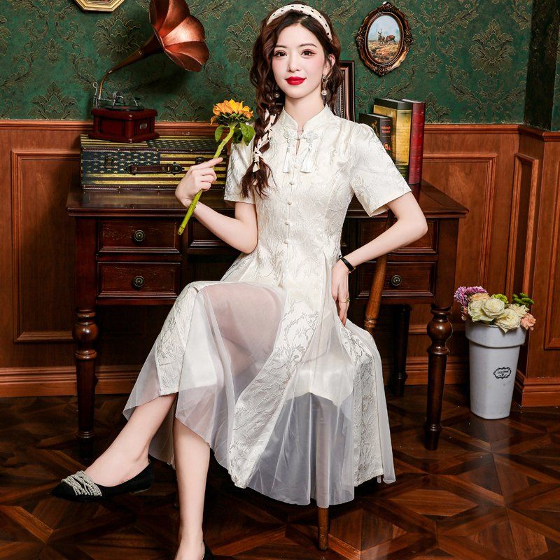 봄 여름 여성 A라인 스탠드칼라 나비매듭 태슬 플라워 시스루 레이어드 롱원피스 아이보리 - 상세 이미지 5