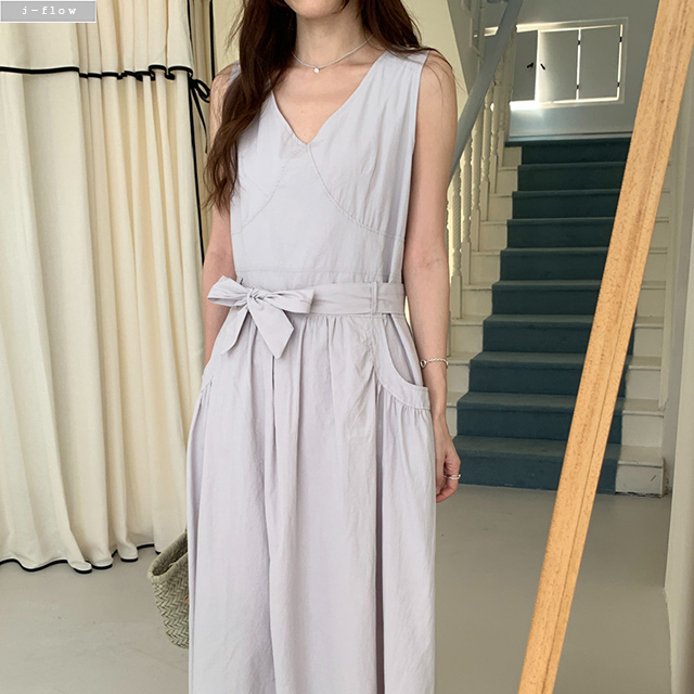 도미노 코튼 브이넥 벨트 맥시 롱 원피스 3col 봄 여름 포켓 루즈핏 바스락 제이플로우 이미지 6