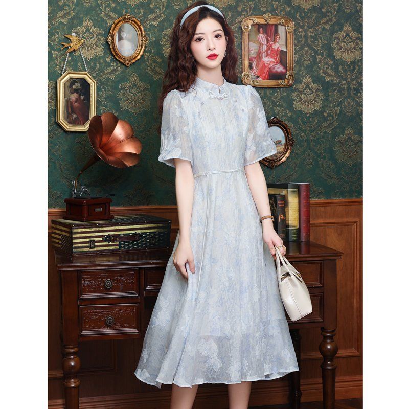 봄 여름 여성 A라인 매듭단추 플라워 프린트 스트링 시스루소매 롱원피스 스카이블루 - 상세 이미지 5