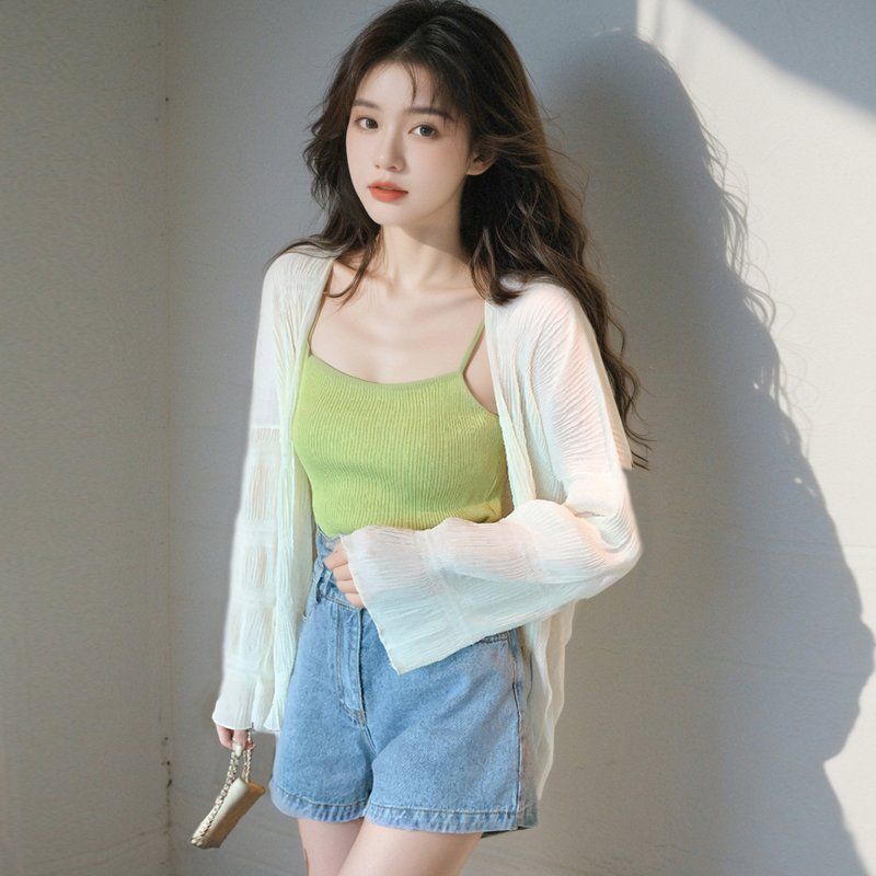 봄 여름 여성 루즈핏 플리츠 시스루 긴팔가디건 오픈형 아우터 데일리룩 아이보리