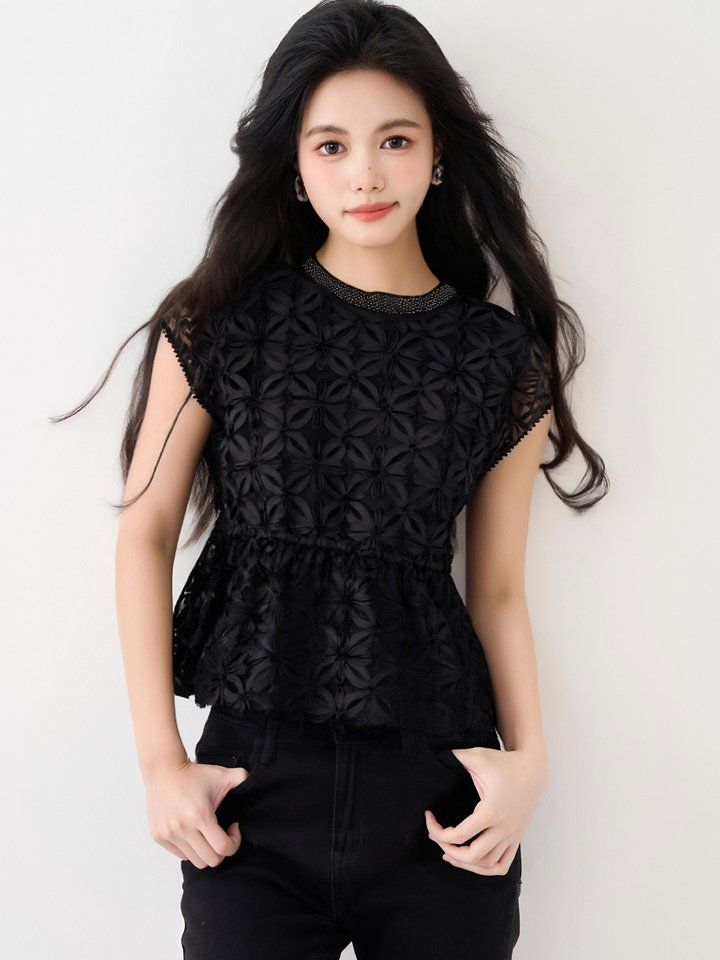 봄 여름 여성 스트레이트핏 라운드넥 플라워패턴 비즈넥 페플럼 블라우스 블랙 - 상세 이미지 4