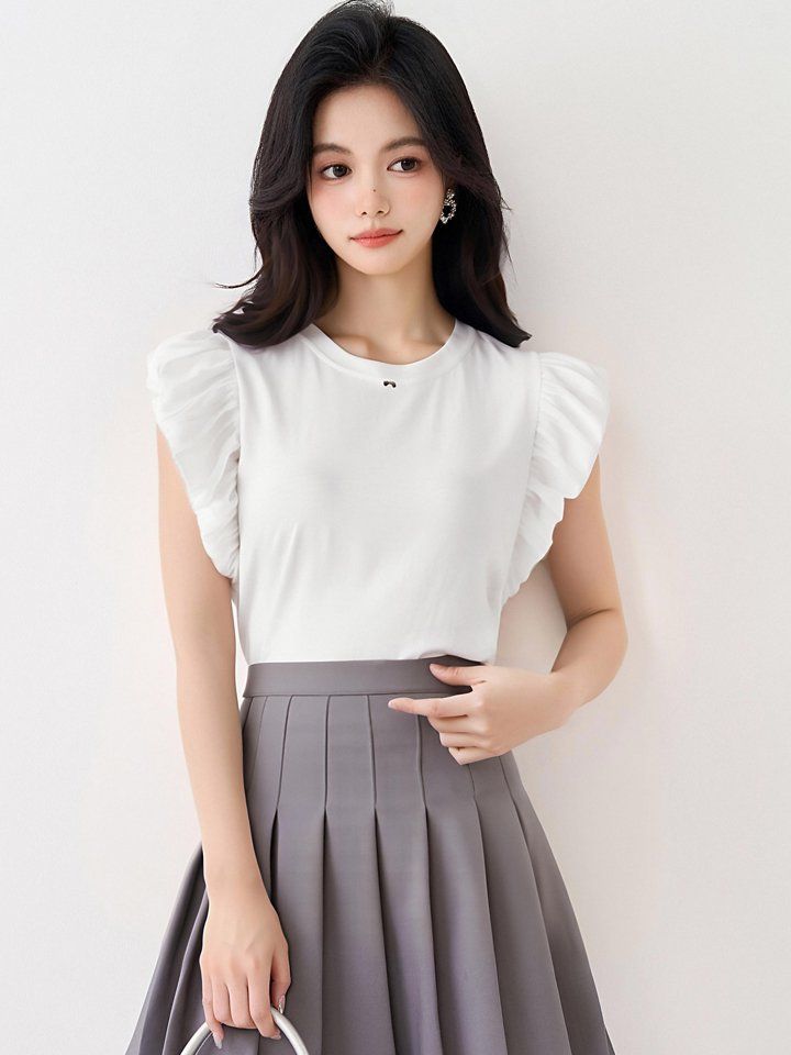 봄 여름 여성 스트레이트핏 라운드넥 프릴소매 반팔 티셔츠 캐주얼룩 데일리 화이트 - 상세 이미지 3