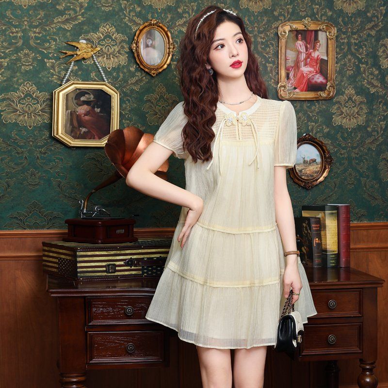 봄 여름 여성 A라인 라운드넥 플라워아플리케 리본스트링 캉캉 시스루 미니원피스 아이보리 - 상세 이미지 3
