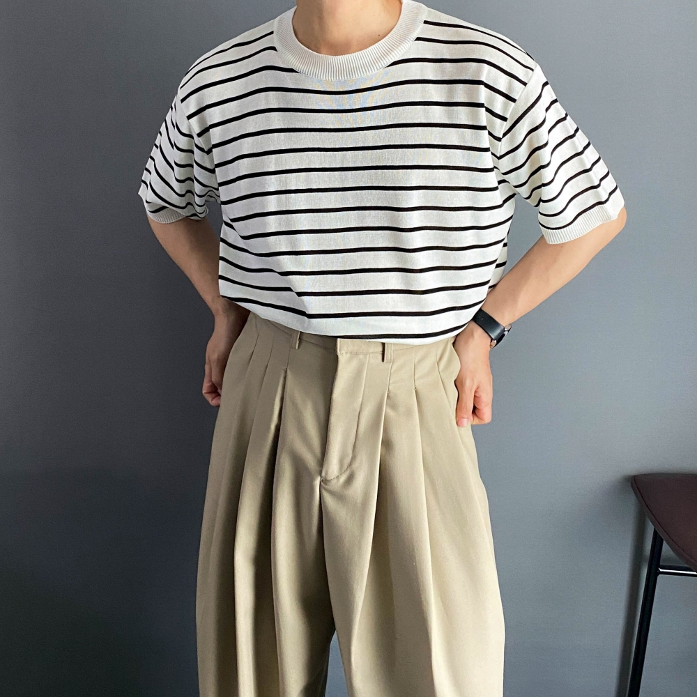 남자 여름 반팔 단가라 헨리넥 라운드 스트라이프 니트 - 상세 이미지 3