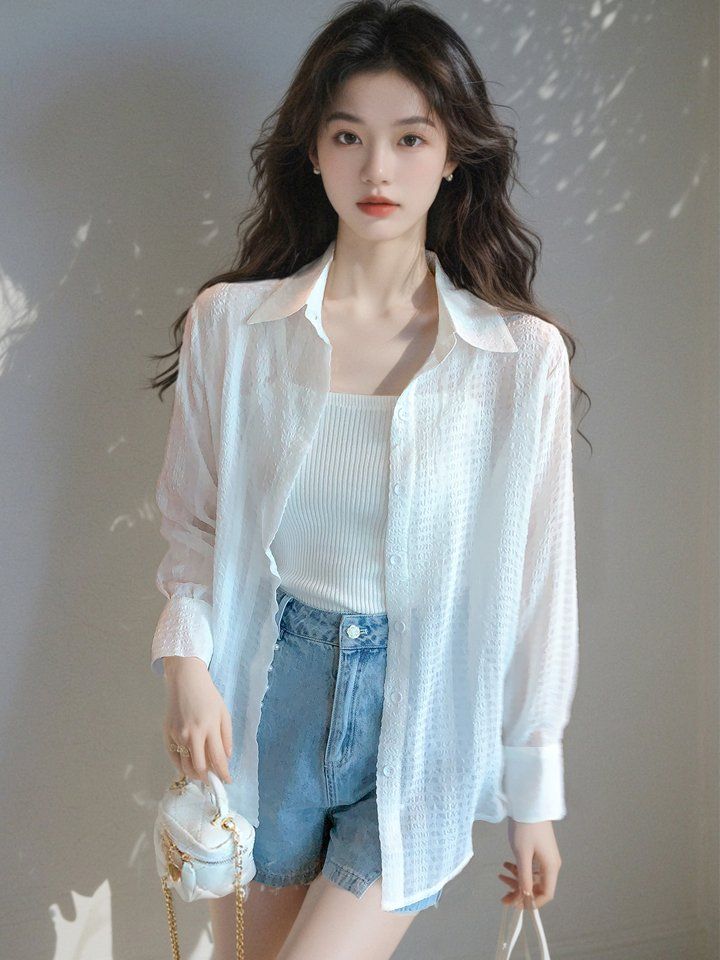 봄 여름 여성 루즈핏 시스루 긴팔셔츠 자카드 폴로카라 아우터 데일리룩 빅사이즈 화이트 - 상세 이미지 2
