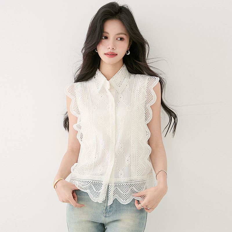 봄 여름 여성 스트레이트핏 펀칭레이스 민소매 셔츠 블라우스 폴로카라 캐주얼룩 화이트 - 상품 이미지