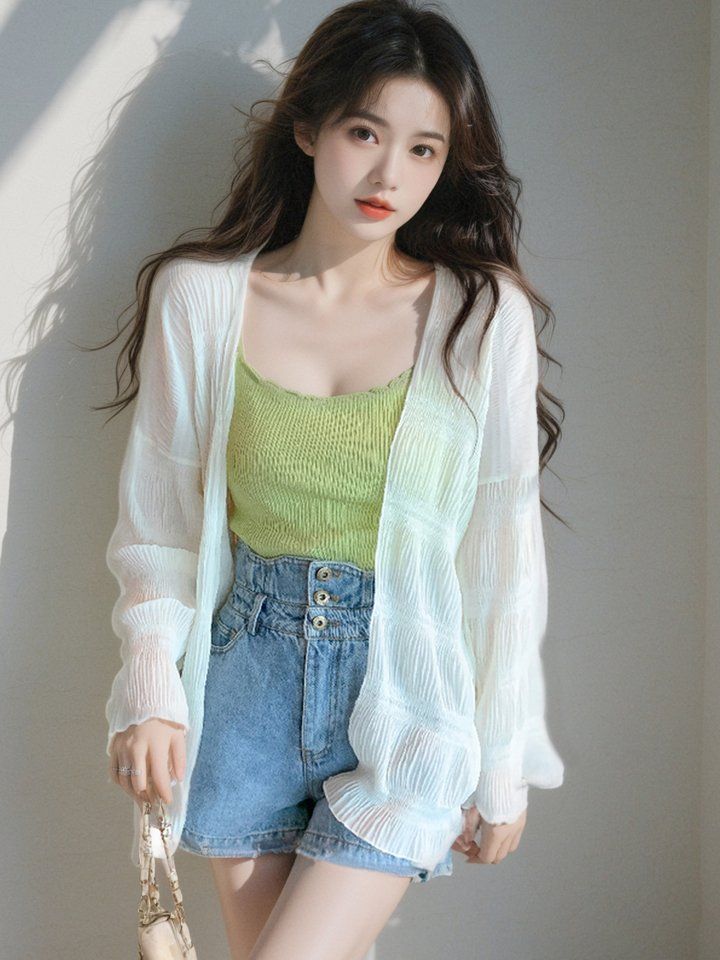 봄 여름 여성 루즈핏 플리츠 시스루 긴팔가디건 오픈형 아우터 데일리룩 아이보리 - 상세 이미지 4