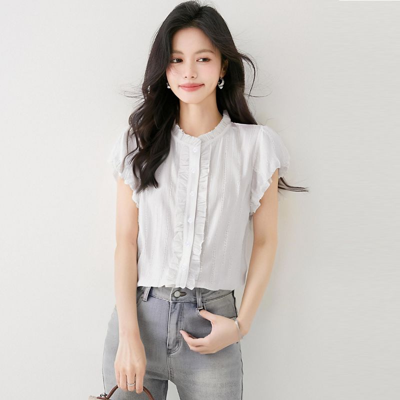 여성 여름 프릴 카라넥 스트라이프 민소매 블라우스 단추 여밈 슬림핏 데이트룩 아이보리 - 메인 이미지