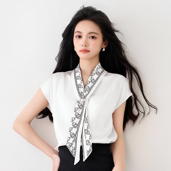 봄 여름 여성 스트레이트핏 스카프세트 캡소매 브이넥 블라우스 오피스룩 - 메인 이미지