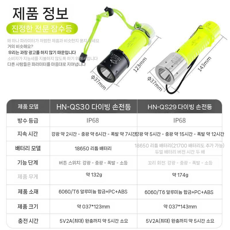 다이빙 손전등 LED 수중랜턴 초강력 써치라이트 (백광) 잠수랜턴 배터리충전형 QS28 - 상세 이미지 4