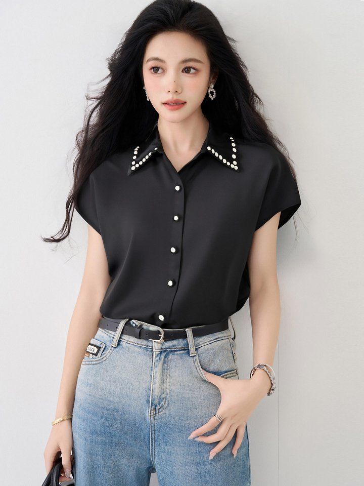 봄 여름 여성 스트레이트핏 진주카라 폴로카라 반팔 셔츠 블라우스 빅사이즈 데일리룩 - 상세 이미지 3