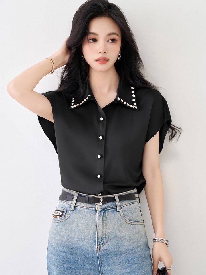 봄 여름 여성 스트레이트핏 진주카라 폴로카라 반팔 셔츠 블라우스 빅사이즈 데일리룩 - 상세 이미지 4