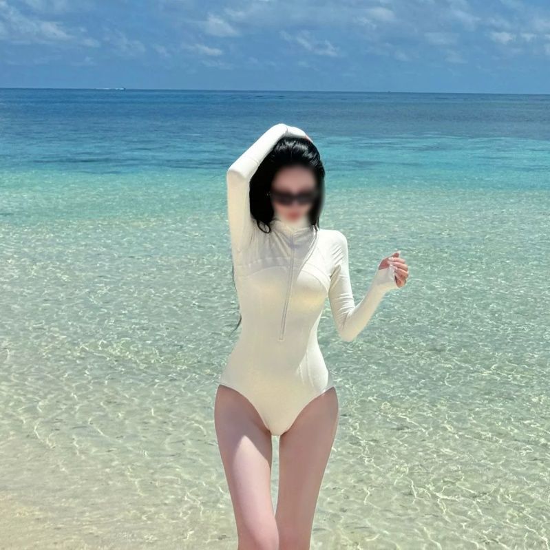 하이넥 원피스 수영복 긴팔 자외선차단 비치웨어  WHITE M - 상세 이미지 2