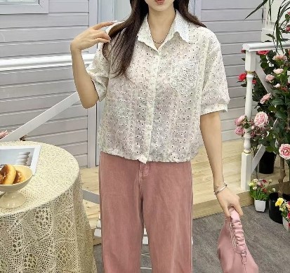 배색자수카라 펀칭셔츠 플라워 코튼남방 허리스트링조절 여름반팔셔츠 여자여자몰 이미지 3