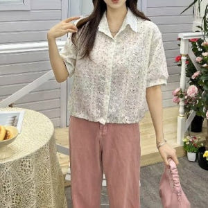 배색자수카라 펀칭셔츠 플라워 코튼남방 허리스트링조절 여름반팔셔츠 여자여자... 착용 후기 | 사이즈/핏 총정리 - 상품 이미지 3