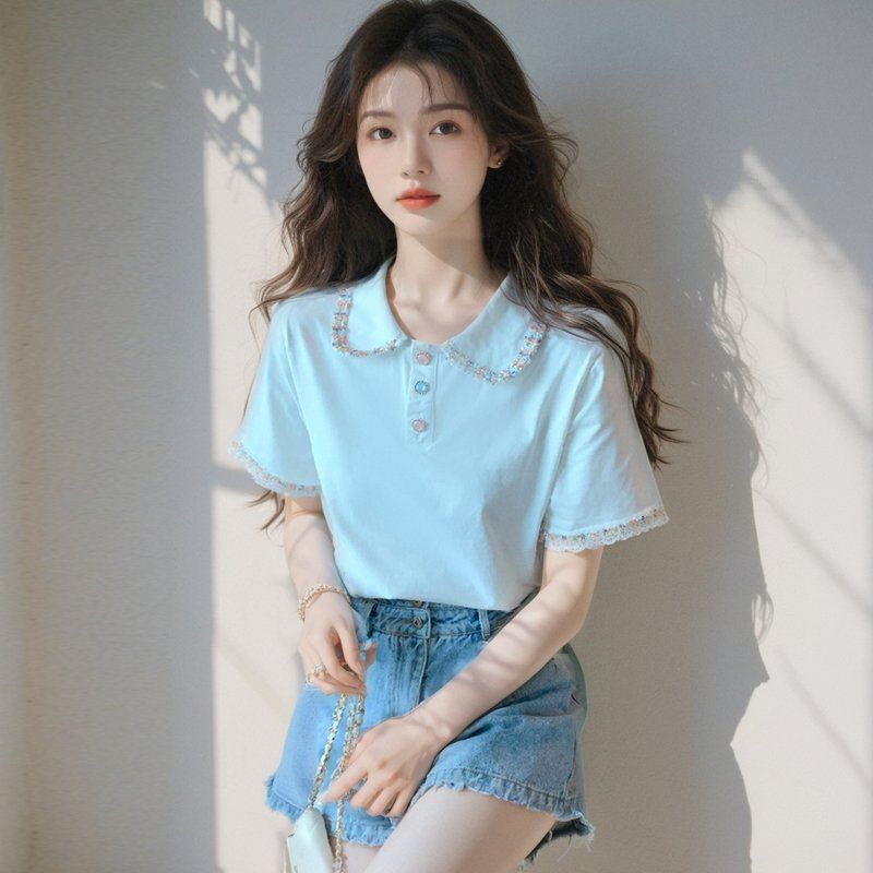 봄 여름 여성 스트레이트핏 플라워자수 카라 반팔 티셔츠 데일리룩 스카이블루 - 상품 이미지