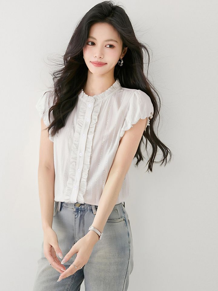 여성 여름 프릴 카라넥 스트라이프 민소매 블라우스 단추 여밈 슬림핏 데이트룩 아이보리 - 상세 이미지 5