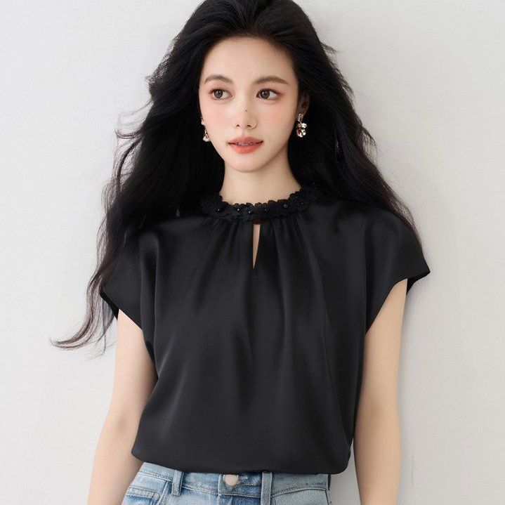 봄 여름 여성 스트레이트핏 라운드넥 플라워넥 플러터소매 블라우스 오피스룩 - 상세 이미지 2