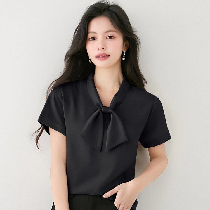 여성 여름 오피스룩 보우타이 브이넥 반팔 블라우스 출근룩 정장룩 격식룩 하객룩 세련된 - 상세 이미지 2