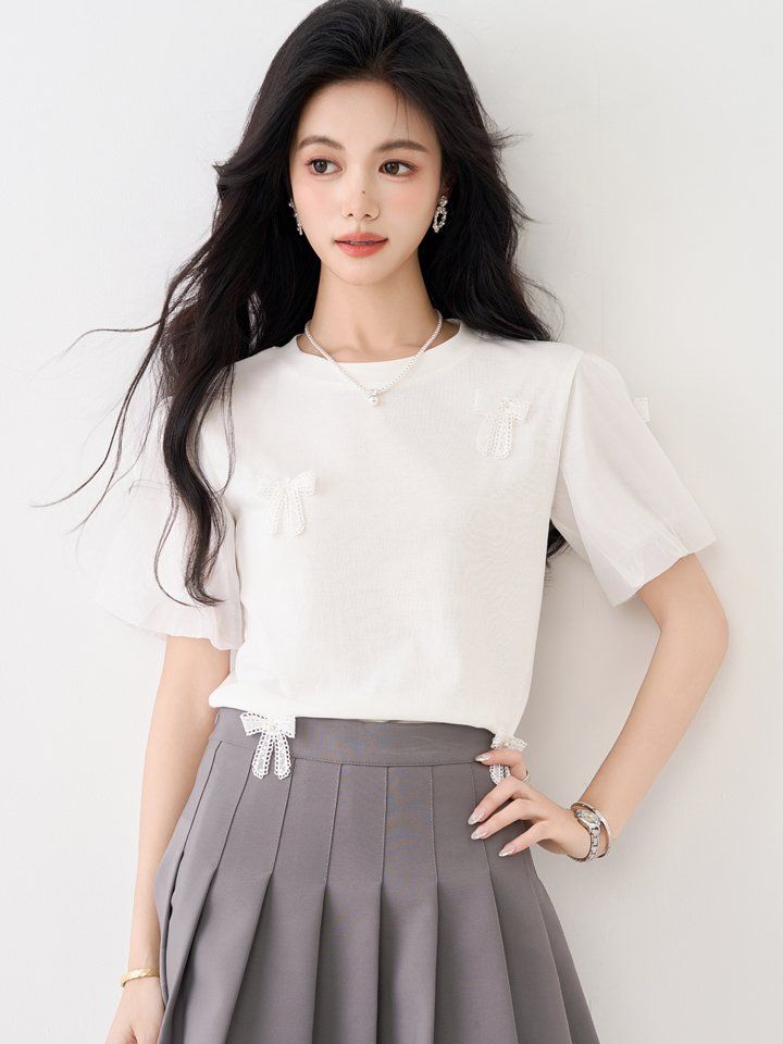 봄 여름 여성 스트레이트핏 라운드넥 리본아플리케 시스루 퍼프소매 반팔티셔츠 데일리 화이트 - 상세 이미지 4