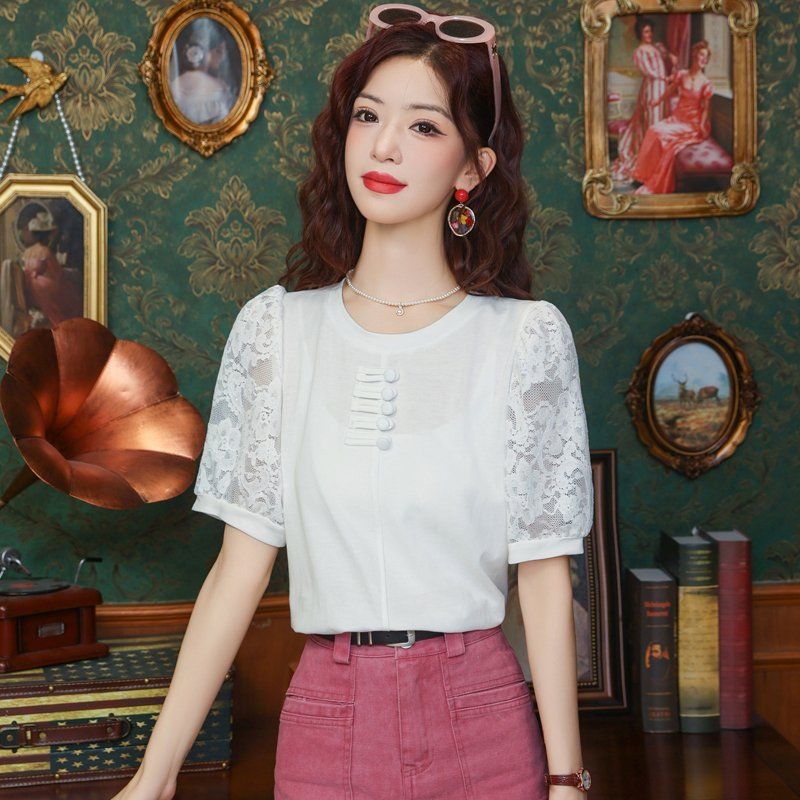 봄 여름 여성 스트레이트핏 라운드넥 래글런 레이스소매 반팔티셔츠 빅사이즈 데일리 화이트 - 상세 이미지 3
