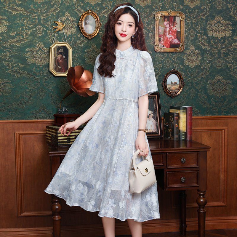봄 여름 여성 A라인 매듭단추 플라워 프린트 스트링 시스루소매 롱원피스 스카이블루 - 상품 이미지