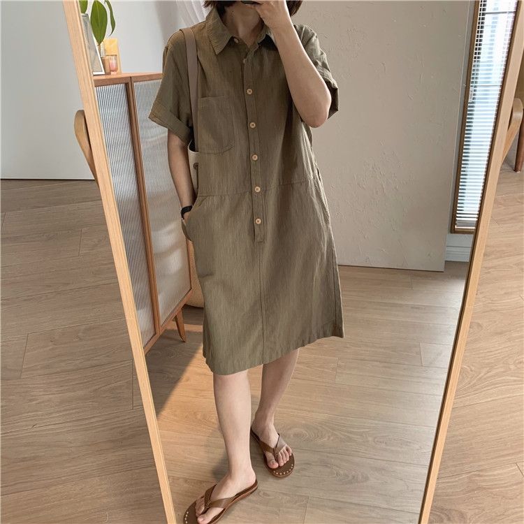 카라 단추 원피스 셔츠 여름 반팔 카키 - 상세 이미지 2