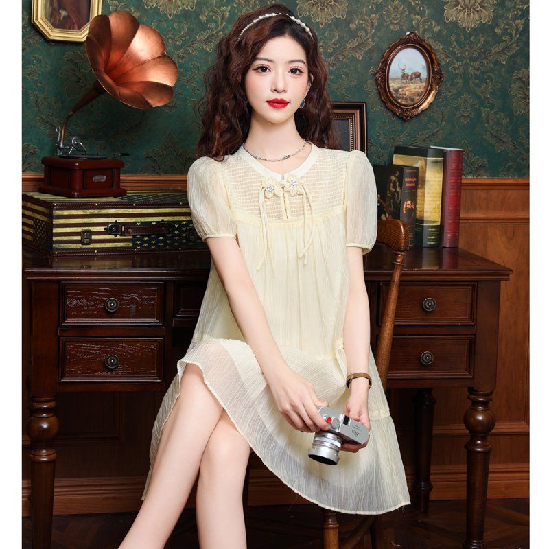 봄 여름 여성 A라인 라운드넥 플라워아플리케 리본스트링 캉캉 시스루 미니원피스 아이보리 - 상세 이미지 5