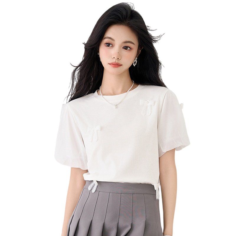 봄 여름 여성 스트레이트핏 라운드넥 리본아플리케 시스루 퍼프소매 반팔티셔츠 데일리 화이트 - 메인 이미지