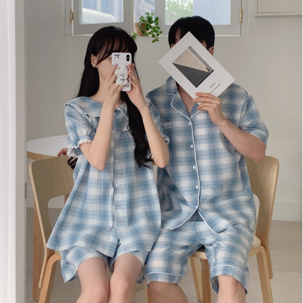순면잠옷 커플파자마 여름잠옷세트 반팔 체크 남자 홈웨어 - 상세 이미지 5