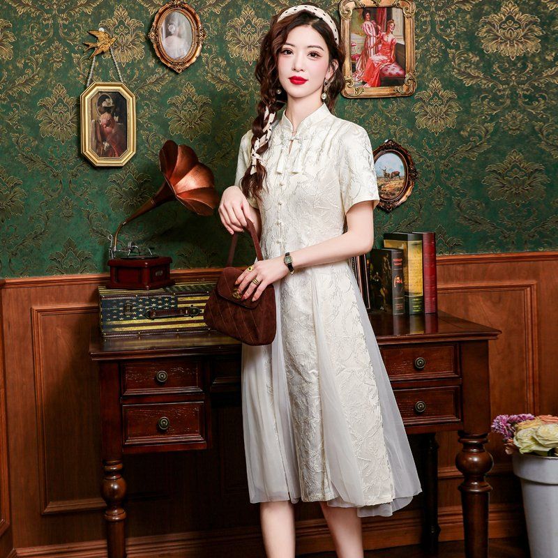 봄 여름 여성 A라인 스탠드칼라 나비매듭 태슬 플라워 시스루 레이어드 롱원피스 아이보리 - 상세 이미지 3