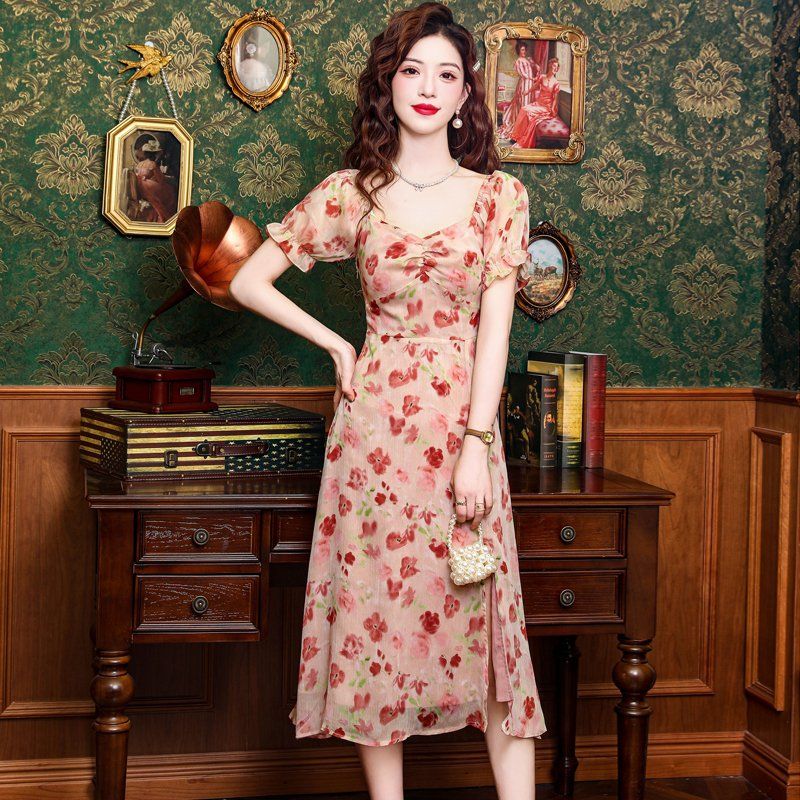 봄 여름 여성 스퀘어넥 플라워 프린트 퍼프소매 옆트임 스모킹밴딩 롱원피스 핑크플라워 - 상세 이미지 5