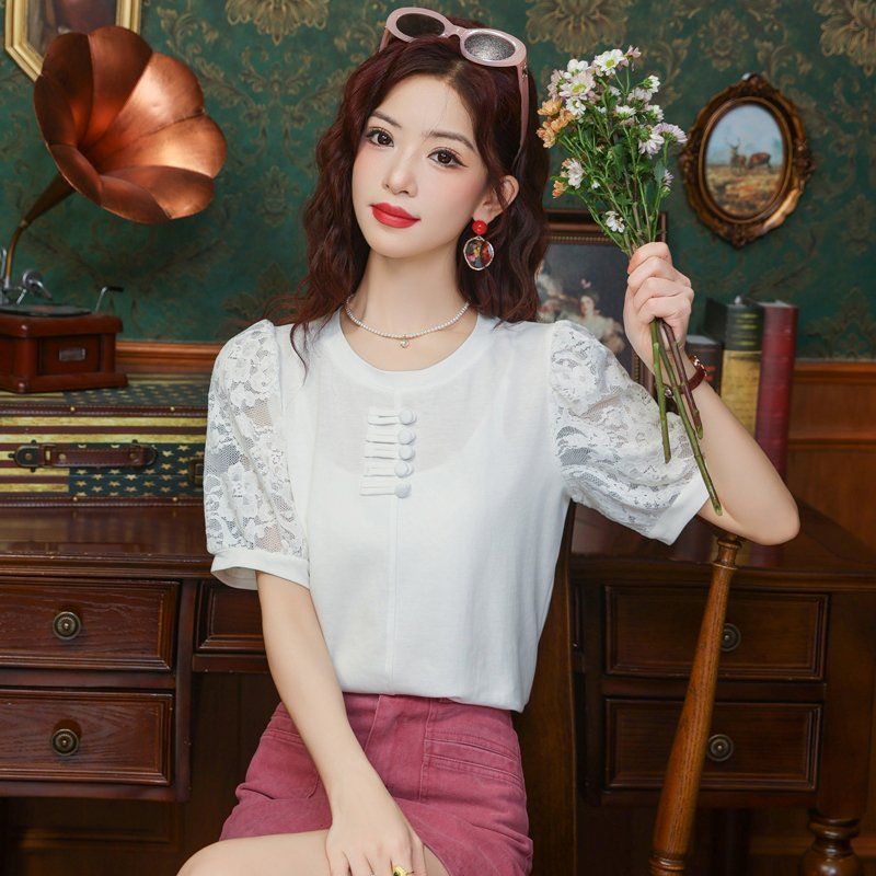 봄 여름 여성 스트레이트핏 라운드넥 래글런 레이스소매 반팔티셔츠 빅사이즈 데일리 화이트 - 상세 이미지 5