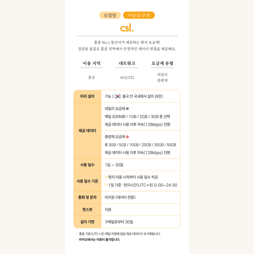 홍콩이심 eSIM 마카오 겸용 로컬망 데이터 3일 4일 CSL 매일 500M 1일 e심 이미지 2