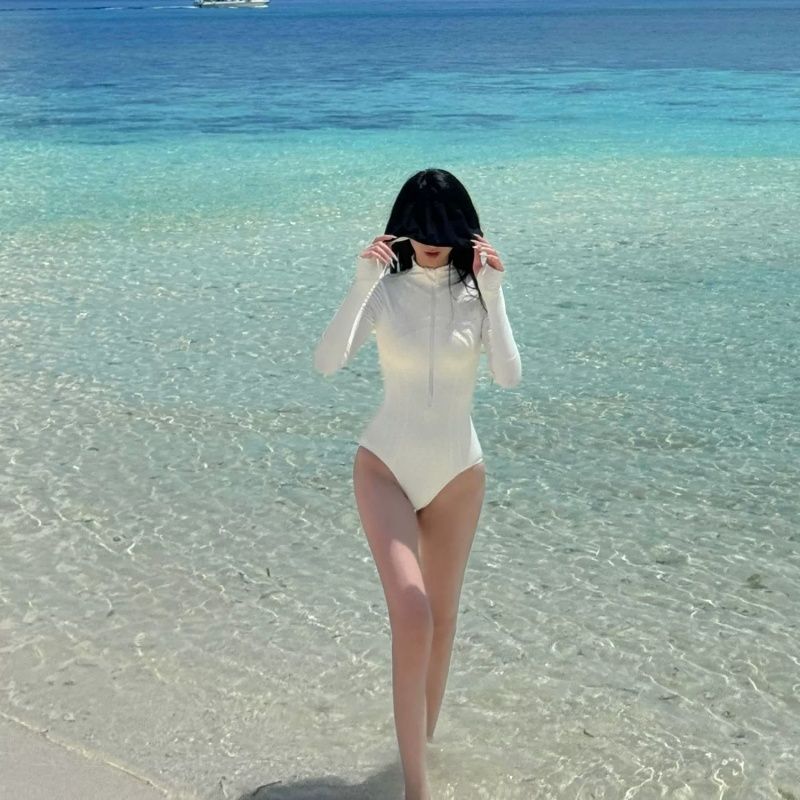 하이넥 원피스 수영복 긴팔 자외선차단 비치웨어  WHITE M - 상세 이미지 4
