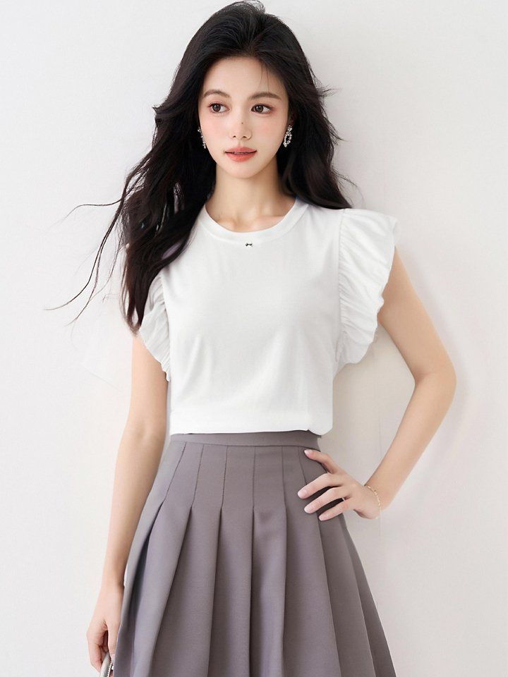 봄 여름 여성 스트레이트핏 라운드넥 프릴소매 반팔 티셔츠 캐주얼룩 데일리 화이트 - 상세 이미지 4