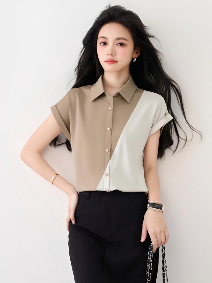 봄 여름 여성 루즈핏 사선배색 폴로카라 반팔 셔츠 블라우스 시원한 데일리룩 - 상세 이미지 4