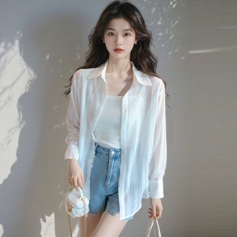 봄 여름 여성 루즈핏 시스루 긴팔셔츠 자카드 폴로카라 아우터 데일리룩 빅사이즈 화이트 - 상세 이미지 5
