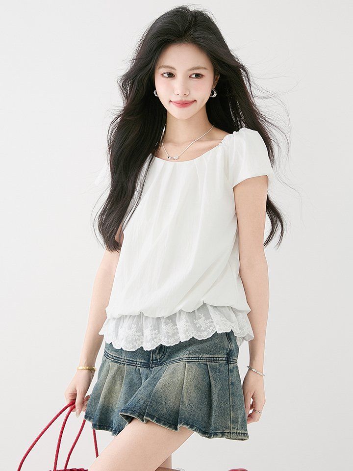 여성 여름 스퀘어넥 퍼프 반팔 블라우스 레이스 밑단 셔링 루즈핏 데일리룩 캐주얼룩 아이보리 - 상세 이미지 4