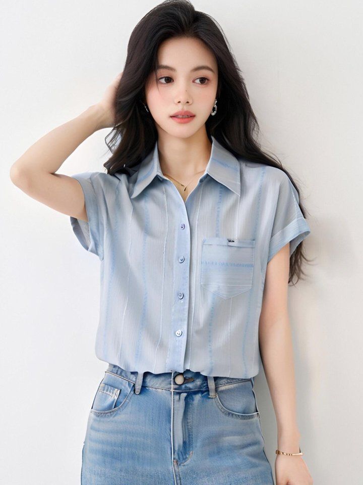 봄 여름 여성 루즈핏 스트라이프 폴로카라 반팔 셔츠 포켓 캐주얼룩 빅사이즈 블루스트라이프 - 상세 이미지 2