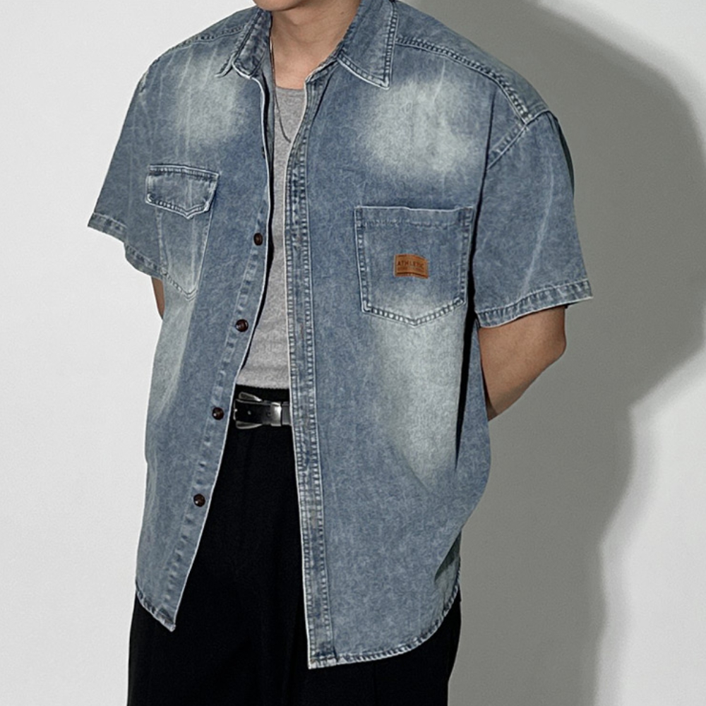 남자 엘아 루즈 오버핏 여름 빈티지 워싱 워크 반팔 데님 셔츠 - 상세 이미지 3