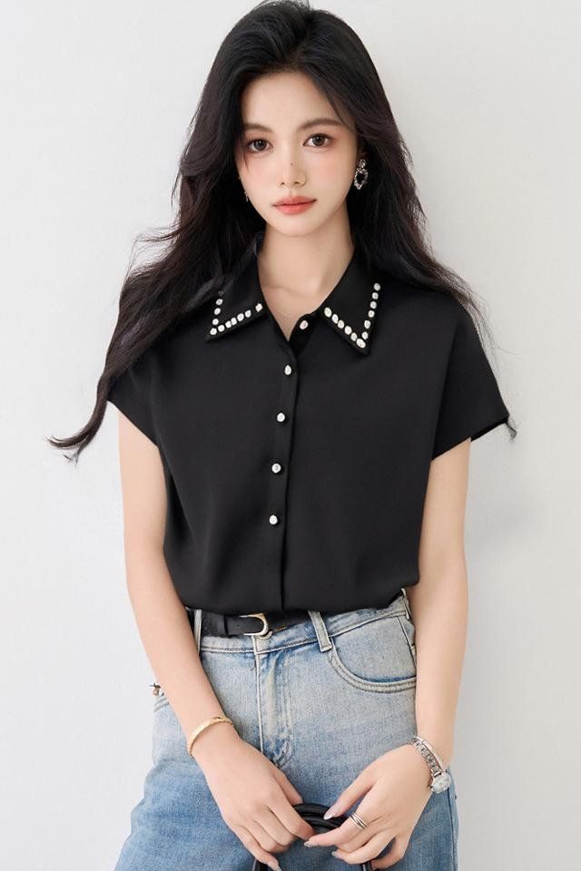 봄 여름 여성 스트레이트핏 진주카라 폴로카라 반팔 셔츠 블라우스 빅사이즈 데일리룩 - 상세 이미지 5
