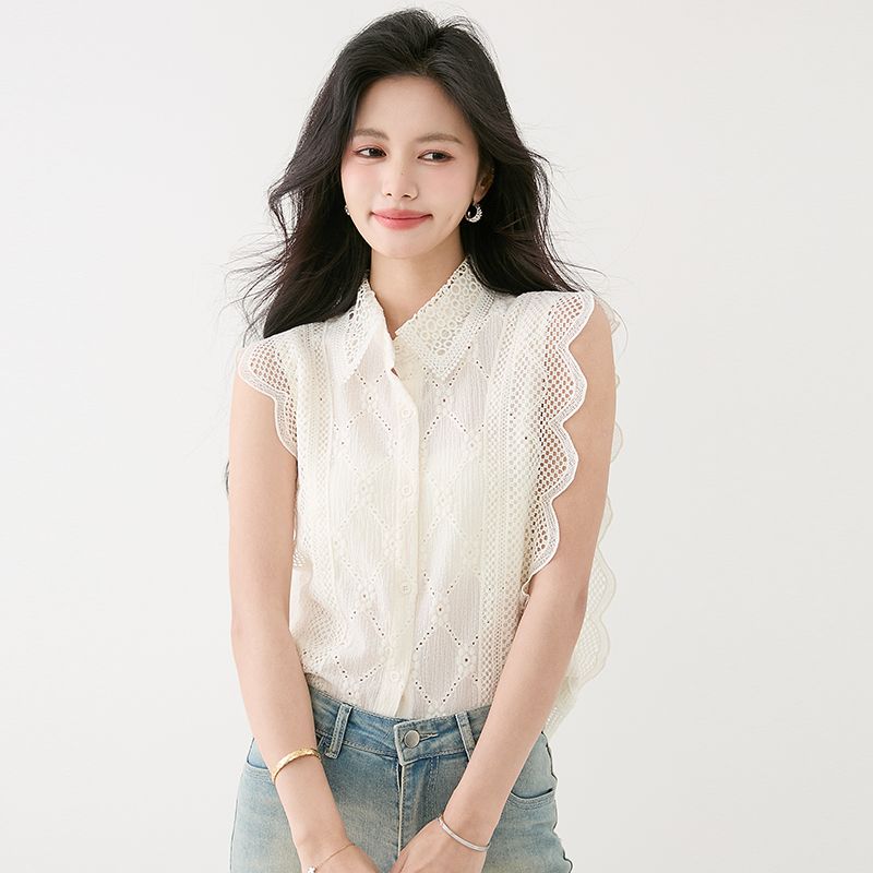봄 여름 여성 스트레이트핏 펀칭레이스 민소매 셔츠 블라우스 폴로카라 캐주얼룩 화이트 - 상세 이미지 4