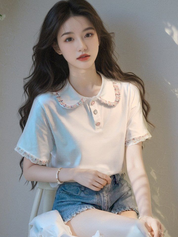 봄 여름 여성 스트레이트핏 플라워자수 카라 반팔 티셔츠 데일리룩 스카이블루 - 상세 이미지 5